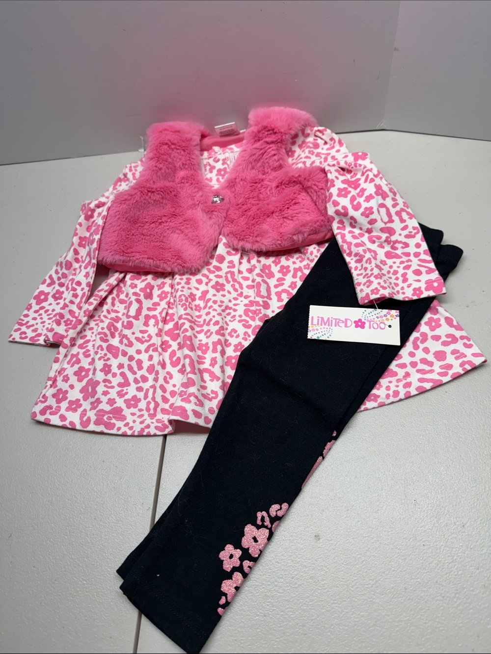 Limited Too Pink Leopard Print Dress with Pink Faux Fur Vest & Black Leggings